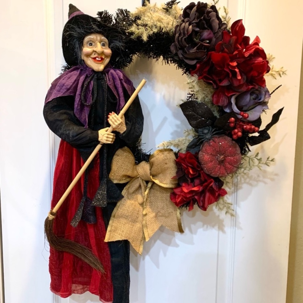 Hand crafted spooky season witch wreath with red and purple floral - Picture 6 of 6